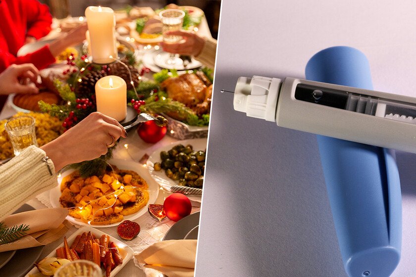 Imagen de una mesa navideña con comida y una jeringa de Ozempic