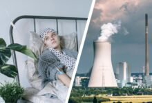 Imagen de una central nuclear y un médico trabajando en un laboratorio