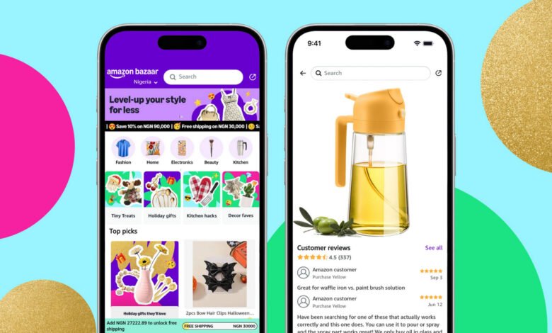 Captura de pantalla de la aplicación Amazon Bazaar mostrando una variedad de productos