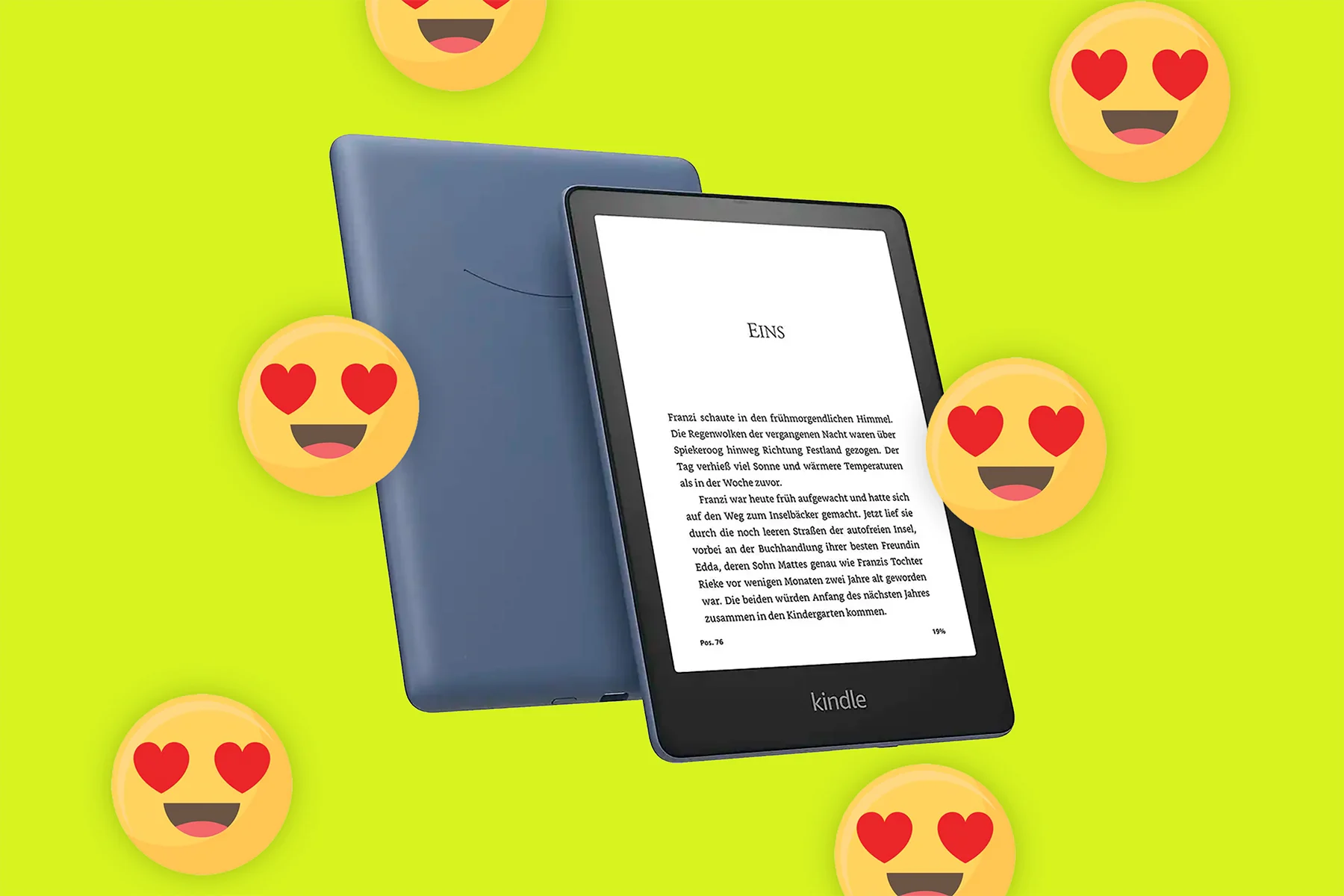 Imagen de un Amazon Kindle con fondo de libro abierto