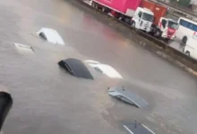 Autos inundados en la Panamericana durante el temporal
