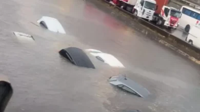 Autos inundados en la Panamericana durante el temporal