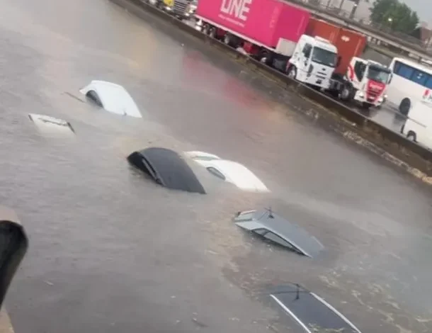 Autos inundados en la Panamericana durante el temporal