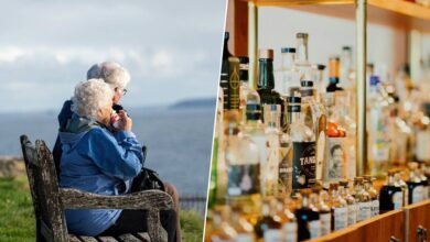 Una imagen de una persona mayor sosteniendo una copa de vino, con un fondo de neuronas y cerebro