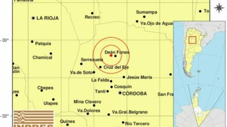 Mapa de la provincia de Córdoba con epicentros de sismos