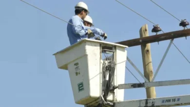 Imagen de un poste de electricidad con un trabajador realizando mantenimiento