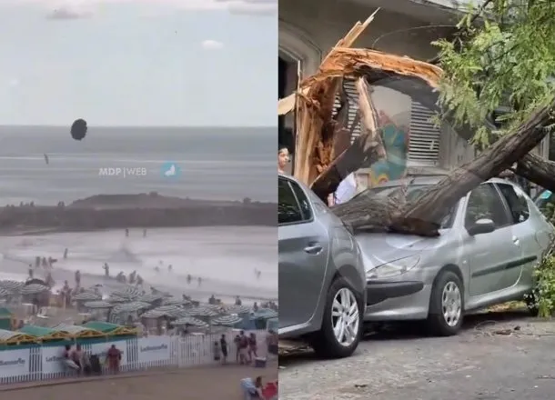 Imagen de una sombrilla volando en Mar del Plata durante una tormenta