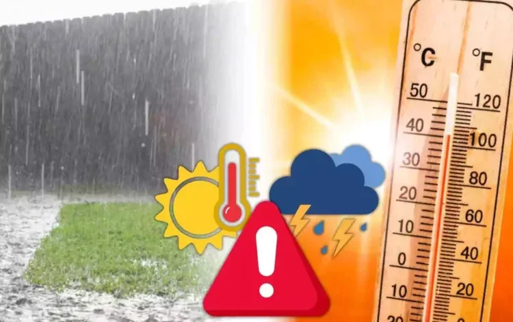 Imagen de un termómetro con temperaturas altas y un cielo nublado