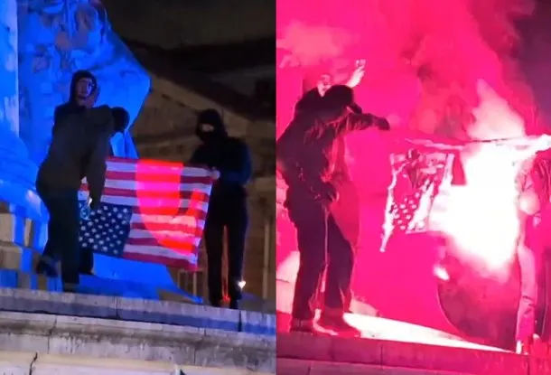 Manifestantes franceses quemando una bandera estadounidense en protesta por la detención de Nicolás Maduro