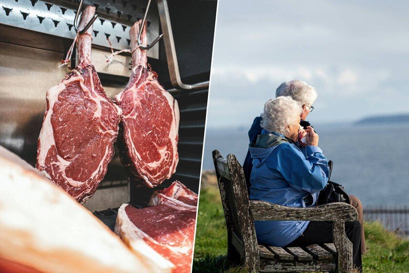 Persona mayor comiendo una porción de carne