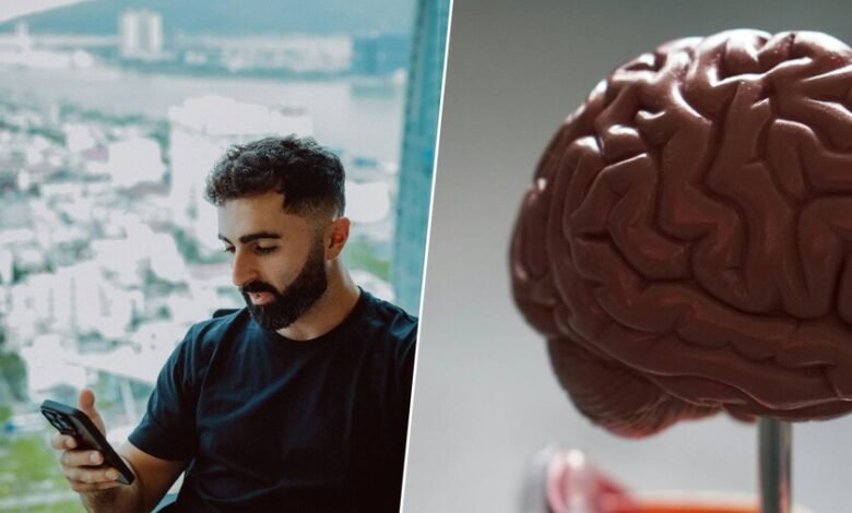 Ilustración de una persona deslizando su teléfono con una expresión de ansiedad