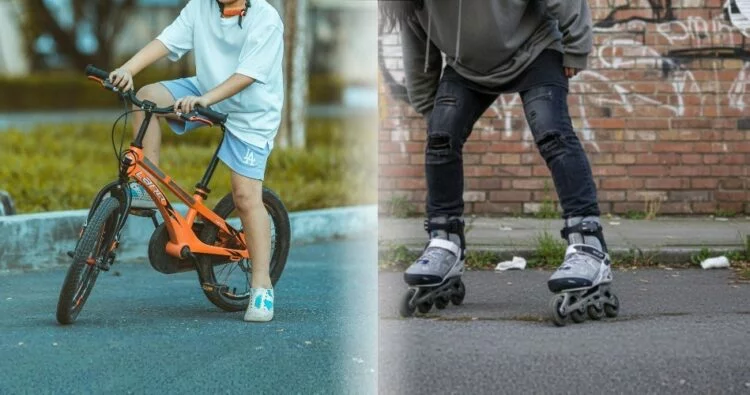 Niño y adolescente sonrientes con un fondo de una ciudad