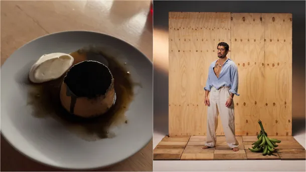 Flan de Halva en un plato, decorado con semillas de sésamo y una cucharada de caramelo