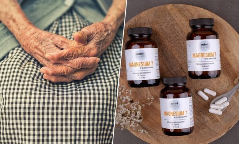 Imagen de una persona mayor disfrutando de una vida saludable con un fondo de verduras y frutas ricas en magnesio