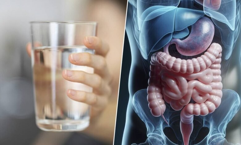 Un vaso de agua en una mesa con comida