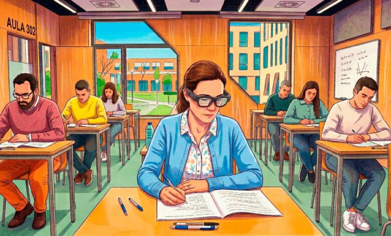 Aspirante con gafas inteligentes en un examen