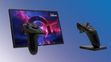 Imagen de la Legion Go Fold Concept desplegada en modo pantalla dividida