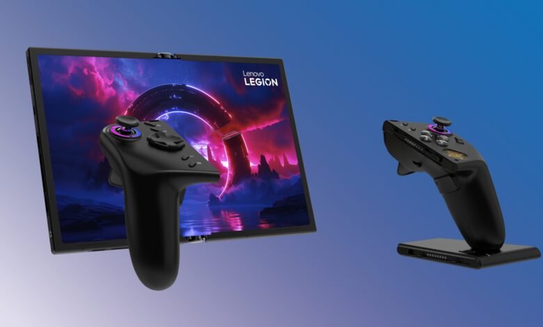 Imagen de la Legion Go Fold Concept desplegada en modo pantalla dividida