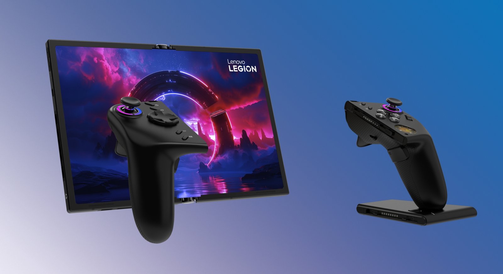 Imagen de la Legion Go Fold Concept desplegada en modo pantalla dividida