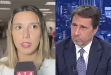 Agostina Páez y Eduardo Feinmann en un estudio de televisión