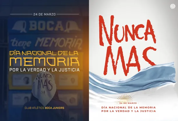 Imágenes de los mensajes de los clubes de fútbol argentino en el Día de la Memoria