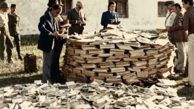 Imagen de un libro quemado con una llama en el fondo