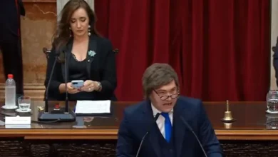 Victoria Villarruel revisa su teléfono celular durante la apertura de sesiones ordinarias