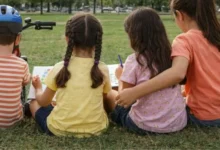 Cuatro hermanos sonrientes abrazados, con un fondo de un parque