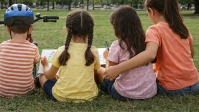 Cuatro hermanos sonrientes abrazados, con un fondo de un parque