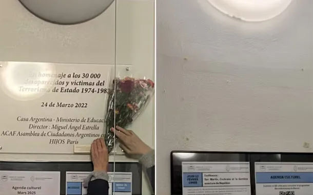 Placa conmemorativa de víctimas de la dictadura en la Casa Argentina de París