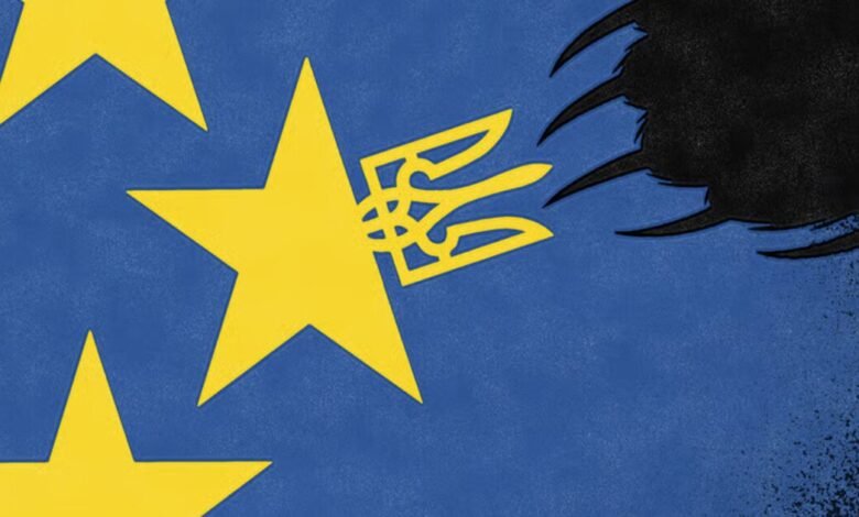 Bandera de Ucrania y bandera de la Unión Europea