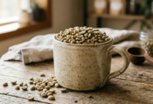 Café verde en granos y en taza