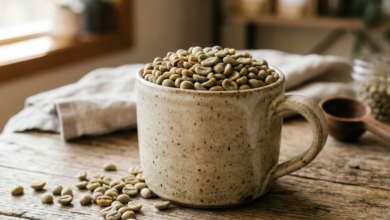 Café verde en granos y en taza