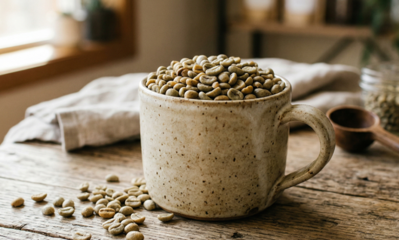 Una taza de café verde con granos de café verdes alrededor
