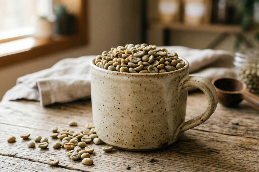 Una taza de café verde con granos de café verdes alrededor