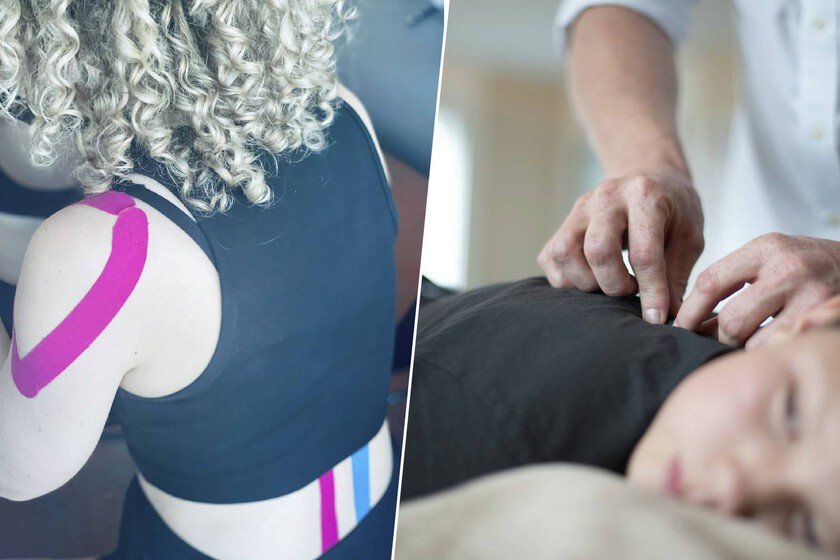 Una persona con una tira de kinesiotaping en la pierna