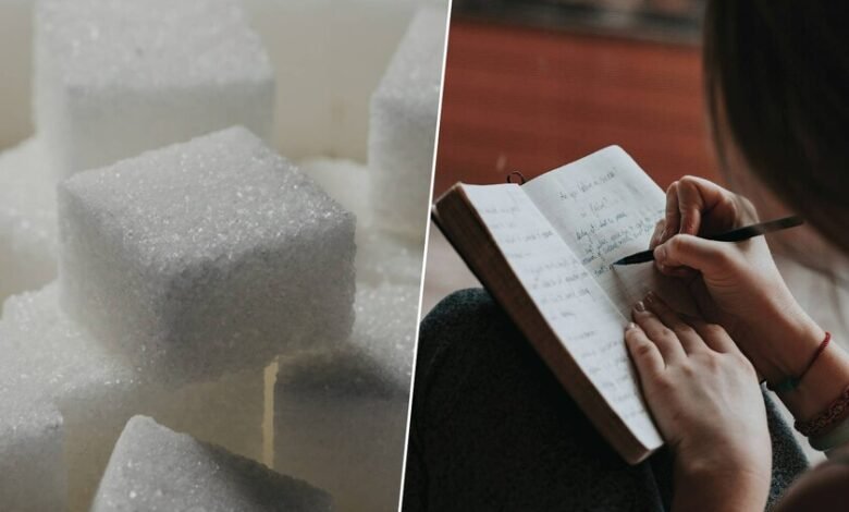 Ilustración de una persona estudiando con un vaso de azúcar al lado