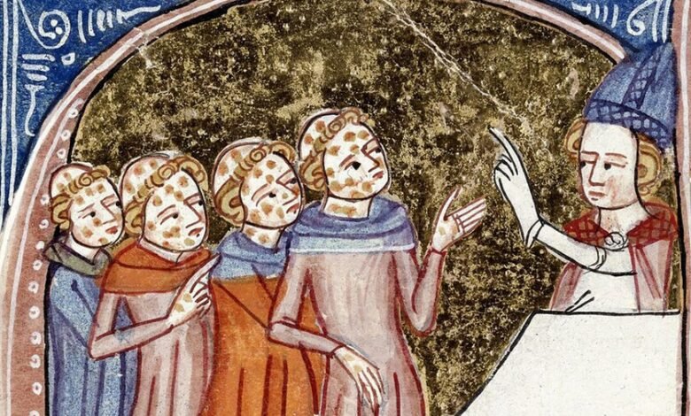 Ilustración de una persona estornudando en la Edad Media