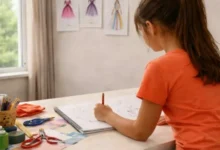 Foto de una niña sonriente con un dibujo de una familia