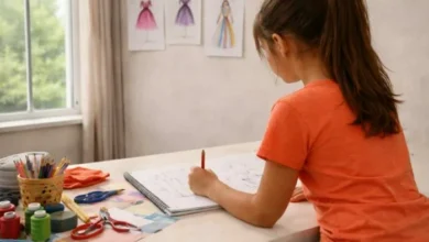 Foto de una niña sonriente con un dibujo de una familia