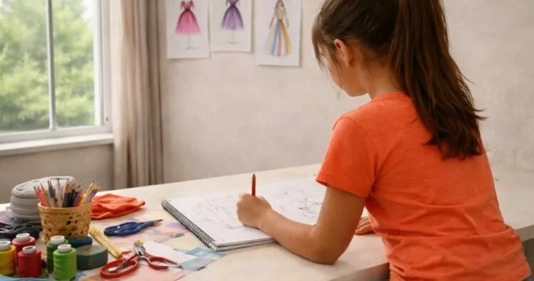 Foto de una niña sonriente con un dibujo de una familia