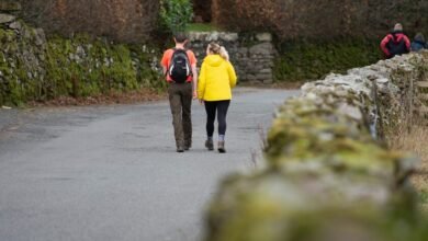 Dos personas caminando juntas, cogidas de la mano, en un entorno natural