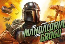 Imagen de The Mandalorian y Grogu en una escena de la película