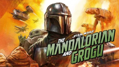 Imagen de The Mandalorian y Grogu en una escena de la película