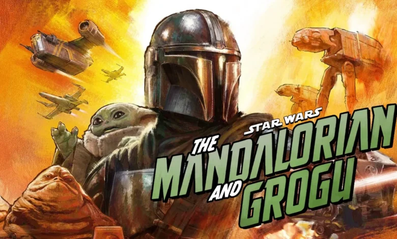 Imagen de The Mandalorian y Grogu en una escena de la película