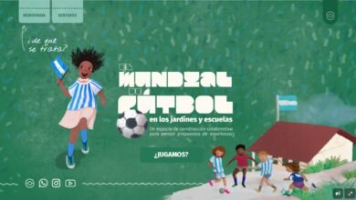 Imagen de estudiantes y docentes trabajando juntos con material hipermedial sobre el Mundial de fútbol
