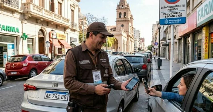 Imagen de un constatador con uniforme marrón y código QR