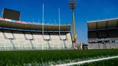 Imagen del estadio Mario Alberto Kempes con el césped listo para el partido de rugby entre Los Pumas y Escocia