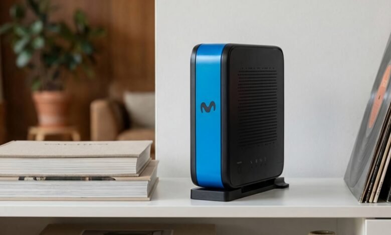 Router de Movistar sobre una mesa con fondo de cables y dispositivos electrónicos