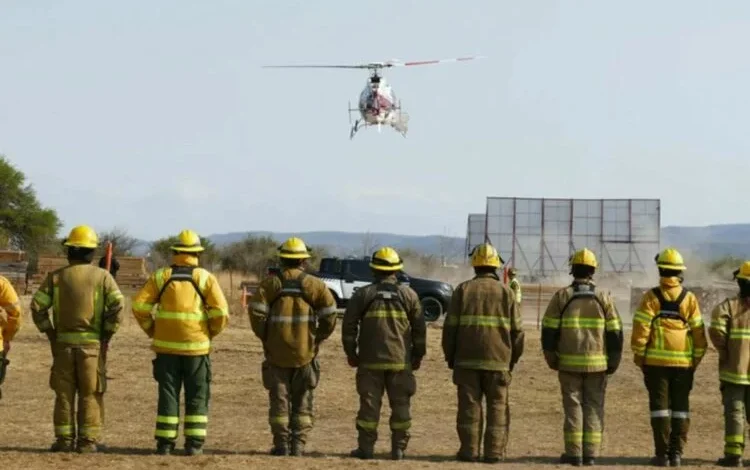 Imagen de un incendio forestal con bomberos combatiendo las llamas